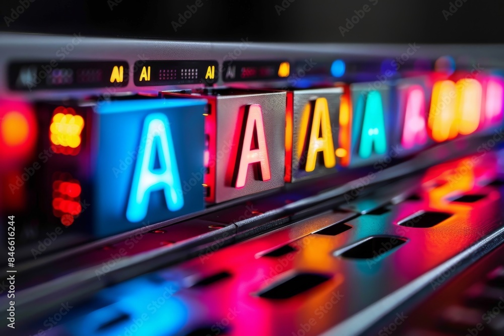 Poster ai neon signage in a futuristic setting, representing advanced technology and innovation in artifici