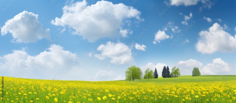 Leinwandbilder scenic meadow with lush grass and yellow dandelions under a soft blue sky with clouds adds to the se