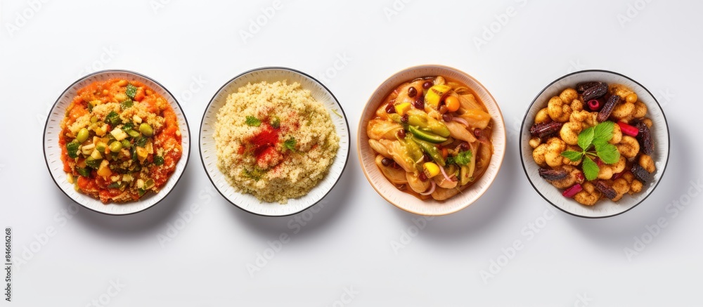 Aufkleber a collection of appetizing couscous dishes displayed on a white backdrop with copy space image.
