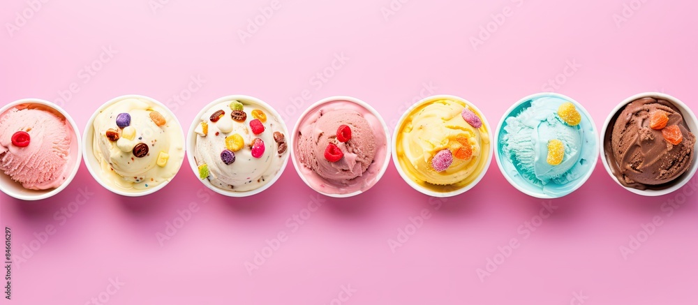 Aufkleber colorful ice cream bowls with a variety of flavors and fresh toppings arranged on a pink background 
