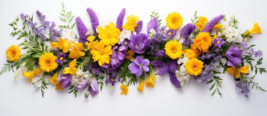 A floral arrangement featuring yellow and purple flowers against a white backdrop, symbolizing spring and Easter, with a flat lay presentation from above, providing ample copy space image.