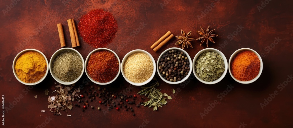 Poster Top-down view of various seasonings in cups on a spice background with copy space image.