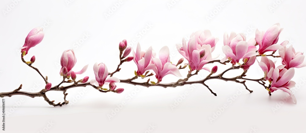 Poster Singular pink magnolia bloom on a spring branch, depicted against a white backdrop with an empty space for additional content.