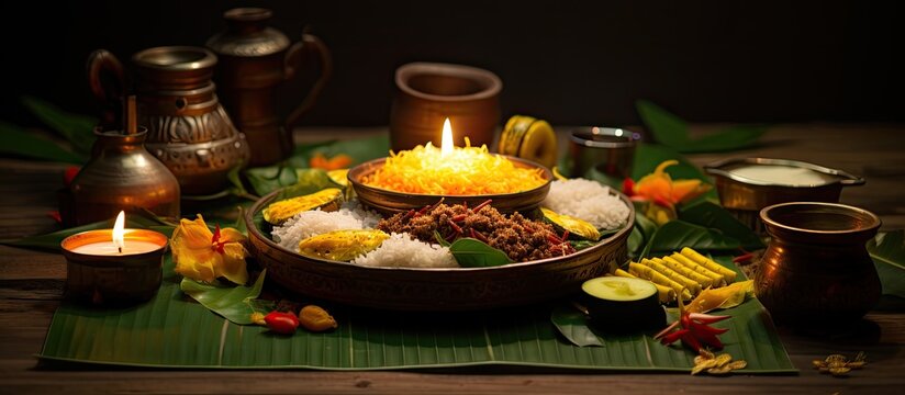 Traditional Sinhala Tamil New Year foods with an oil lamp, Sri Lanka, displayed in a festive setting with copy space image.