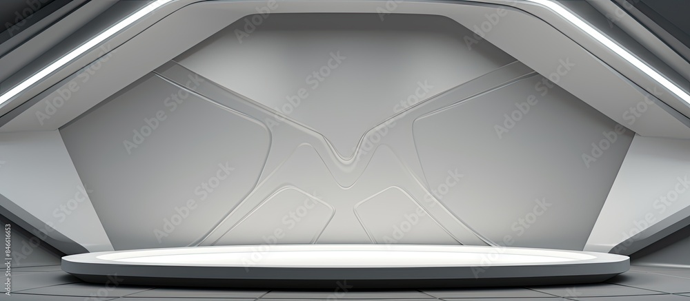 Poster Abstract futuristic stage with elegant geometric design, featuring simple lines and polygons as a background, including a white wood shelf for product display, with copy space image.