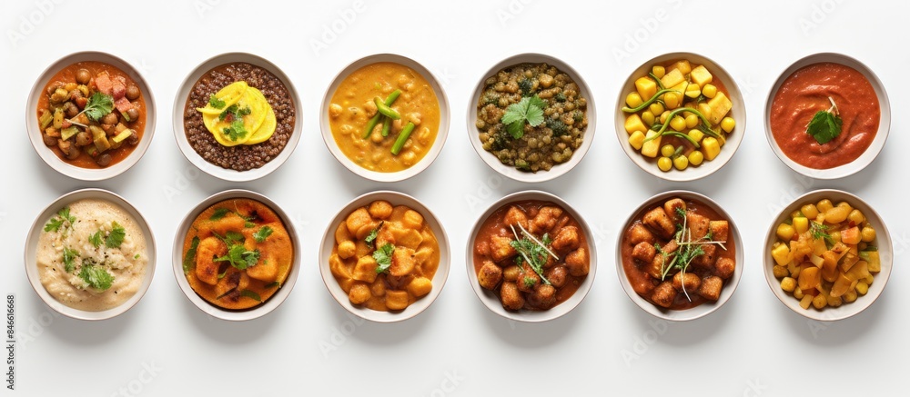 Poster delicious curry dishes arranged on a white backdrop with a copy space image available.