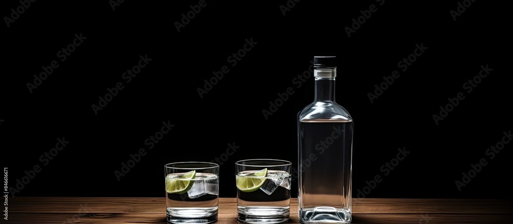 Poster Vodka bottle and glasses placed on the table with a blank space for additional images.