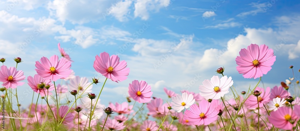 Poster a scenic field of cosmos flowers with ample copy space image.