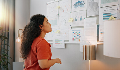 Documents, thinking and wall with business woman in office of startup company for agenda or...