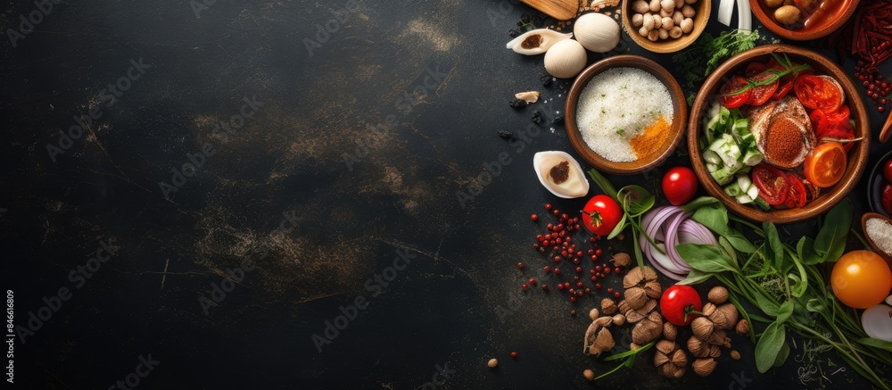 Poster asian dishes displayed on a rustic background from a top view perspective, with ample space for text