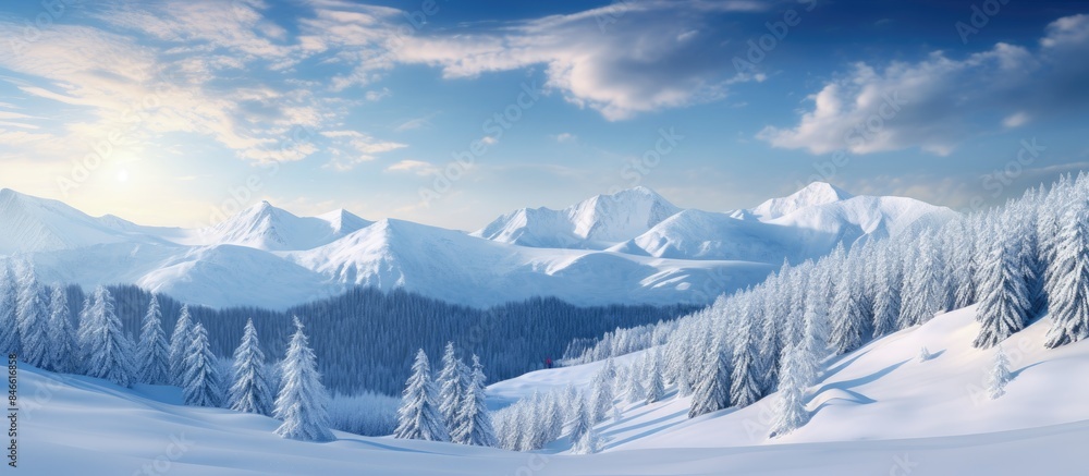Poster winter mountain valley scene featuring snow-covered pines captured in soft light creates an amazing 