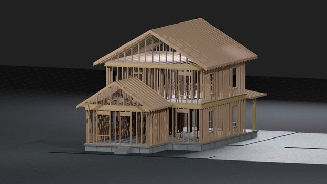 under construction house site, frame structure, seamless looping 3D realistic animation