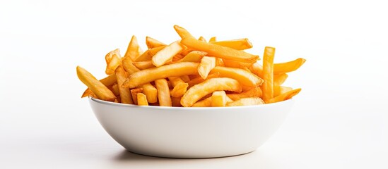 A bowl of crispy french fries with a white background for copy space image.