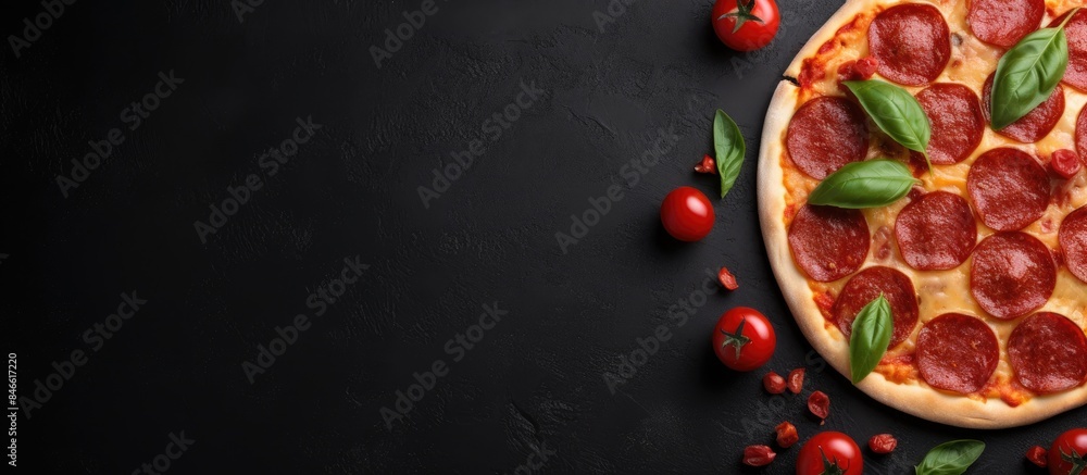 Poster a delectable pepperoni pizza with fresh tomatoes and basil displayed on a black concrete surface, vi