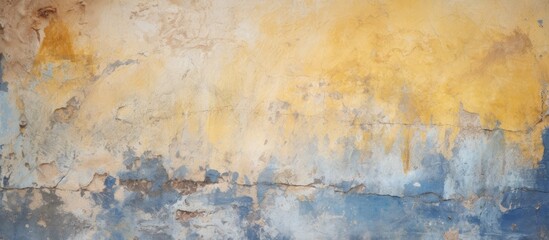 Ancient mural-like fresco background featuring yellow and blue peeled paint on an old wall, resembling a copy space image.