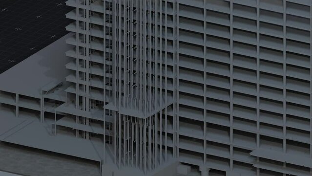 under construction site engineering with frame structure and tower crane 3D looping animation realistic generic 4k