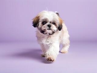 Cute Shih Tzu Puppy Walking on Lilac Purple Background with Clear Space