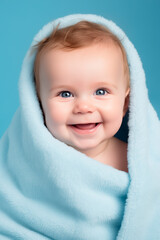 photography of happy smiling baby in light blue plain blanket, studio background