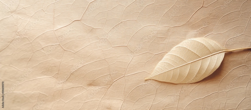 Poster Closeup image showcasing the intricate texture of handmade paper with a leaf on it, creating a serene and natural ambiance with copy space for customization.
