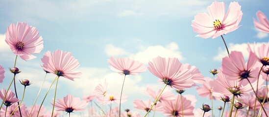 Cosmos flowers in soft focus bloom in vintage hues against a bright sky backdrop, ideal for a copy space image.