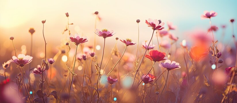 Vintage fall flowers in a scenic meadow during early sunny morning, creating a colorful and magical background landscape with copy space image.