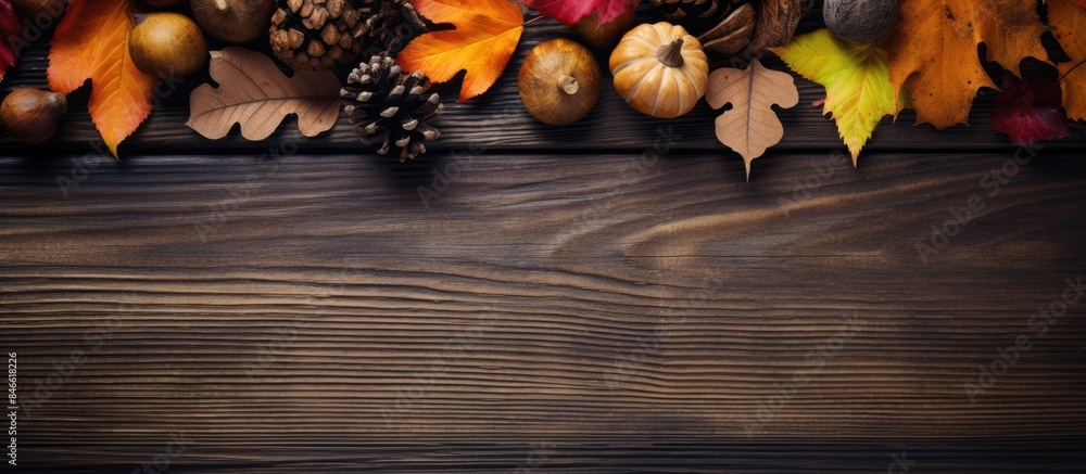 Poster autumn-themed greeting card displayed on a wooden board with fallen leaves, acorns, and cones, creat