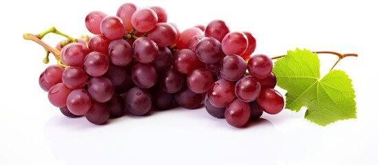 Obraz premium Vibrant red grapes with green leaves isolated on white background, presenting a striking and detailed copy space image.