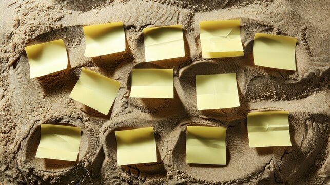 Sticky yellow notes placed on a board of sand