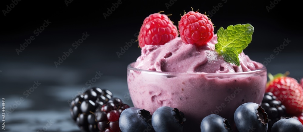 Poster close-up of a delicious sweet dessert - berry yogurt ice cream with a smooth texture, fresh fruit sm