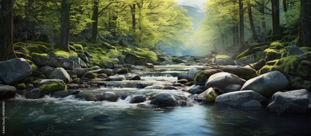 Poster beautiful spring stream flowing through a mountain forest landscape with river rocks, providing a tr
