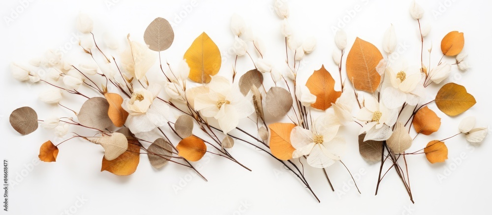 Poster autumn-themed arrangement featuring eucalyptus branches, cotton flowers, and dried leaves on a white
