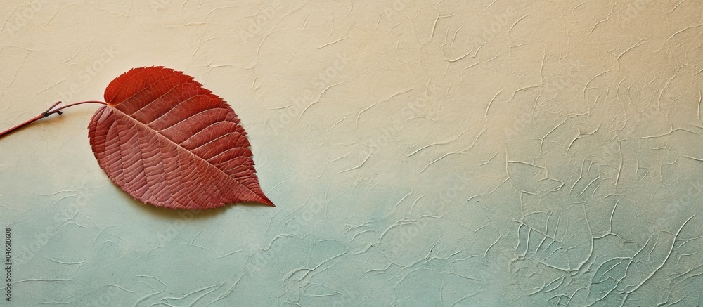 Poster detailed shot of leaf on textured handmade paper with copy space image.
