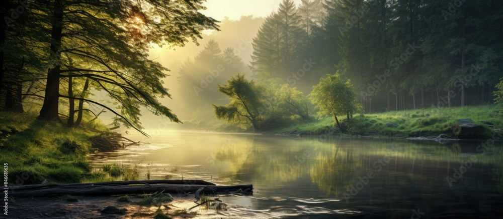 Poster a charming scene of a forest river at sunrise with mist and reflections, creating a serene spring la