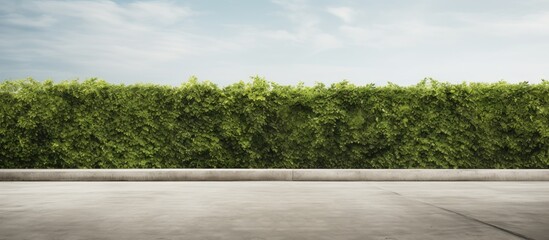 A long concrete wall with a hedge on top, next to a cement sidewalk and an asphalt street, creates a background suitable for a copy space image.