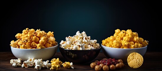 Collection set featuring a variety of snacks like cheese puffs, popcorn, and nachos in a bowl, seen up close with copy space image included.