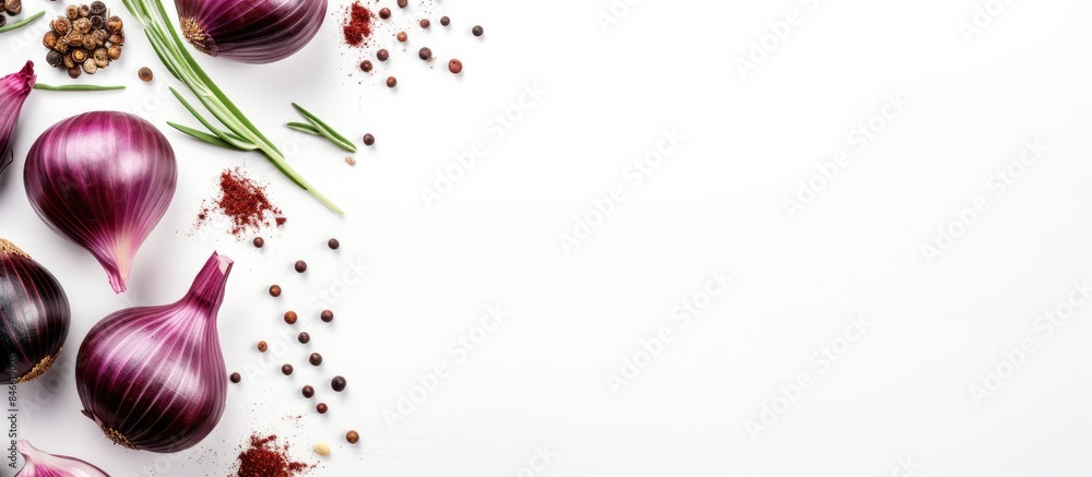 Poster Top view of red onion and spices against a white backdrop with copy space image.