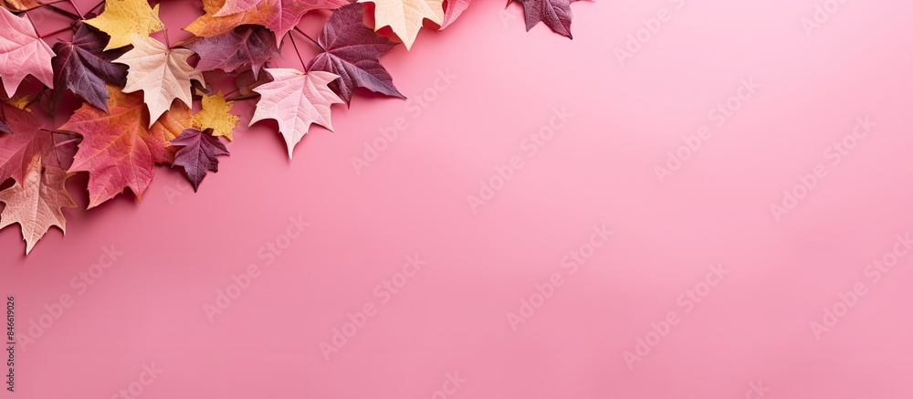 Fototapete An array of colorful fall foliage against a pink backdrop with available copy space image.