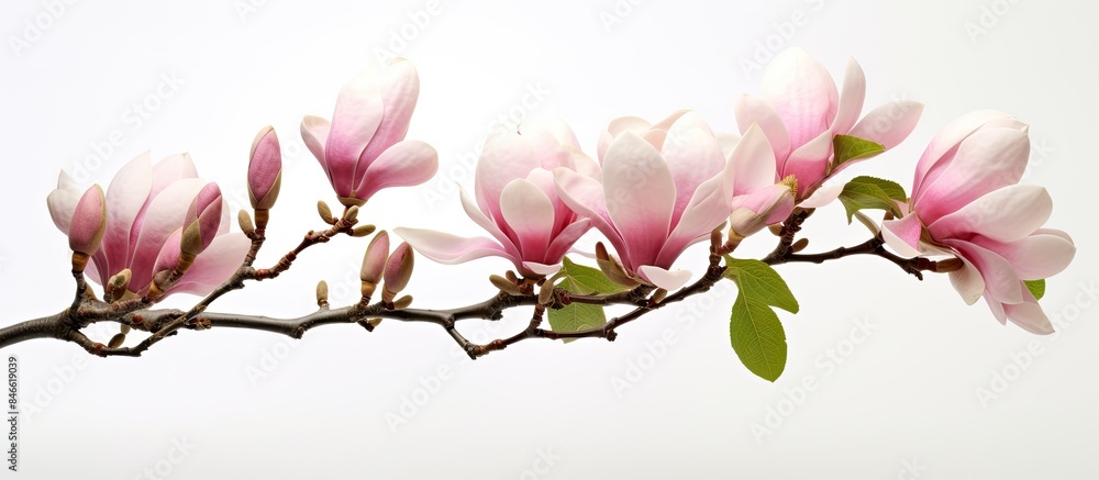 Poster Singular pink magnolia bloom on a spring branch, depicted against a white backdrop with an empty space for additional content.