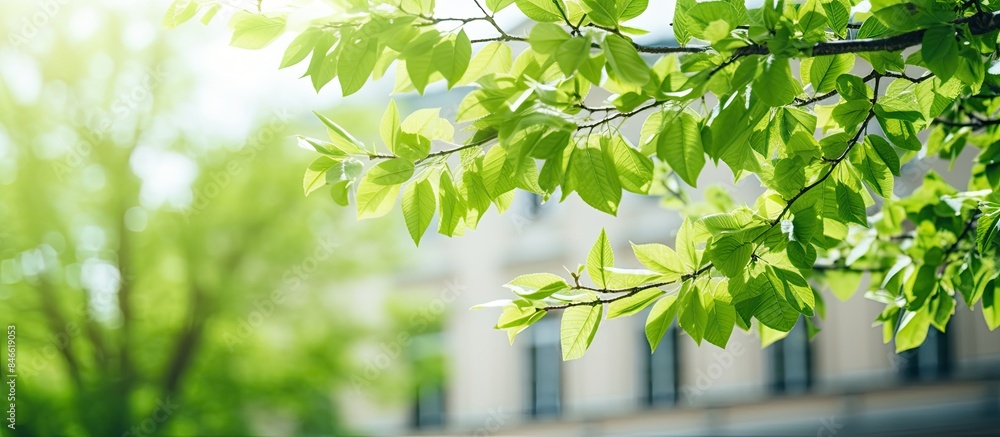 Poster in spring, fresh green leaves on branches with a blurred building in the background for a copy space