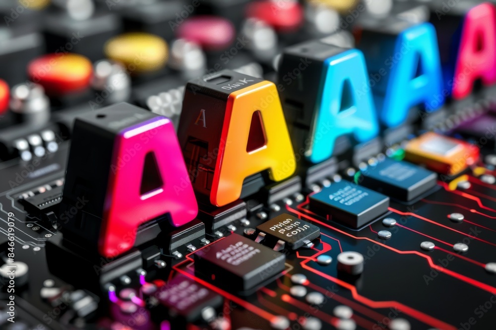 Poster ai neon symbols on a circuit board, representing advanced technology and artificial intelligence