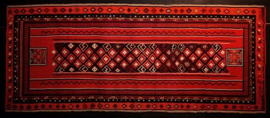 Vintage Arabian Sadu rug with traditional motifs and red colors, perfect for a classic aesthetic with copy space image.