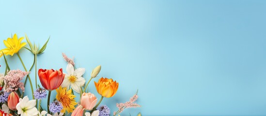 Spring flowers in vibrant colors against a soft blue backdrop create a romantic and aesthetically pleasing copy space image.