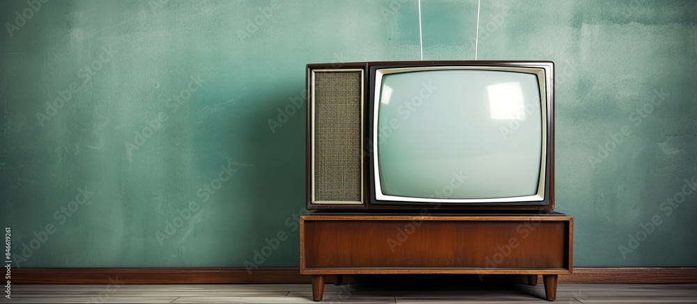 Poster retro vintage style tv against a gray wall with an empty white screen for a copy space image.