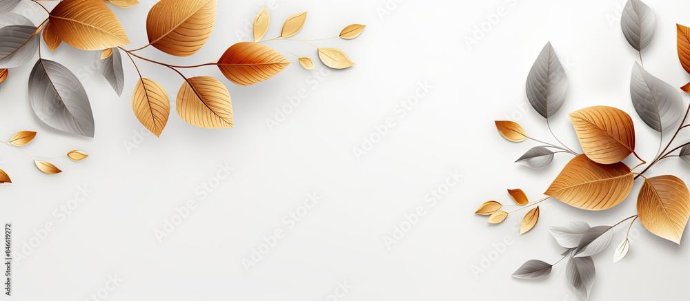 Aufkleber minimal floral design with golden flying autumn leaves of various shapes on a light gray background,