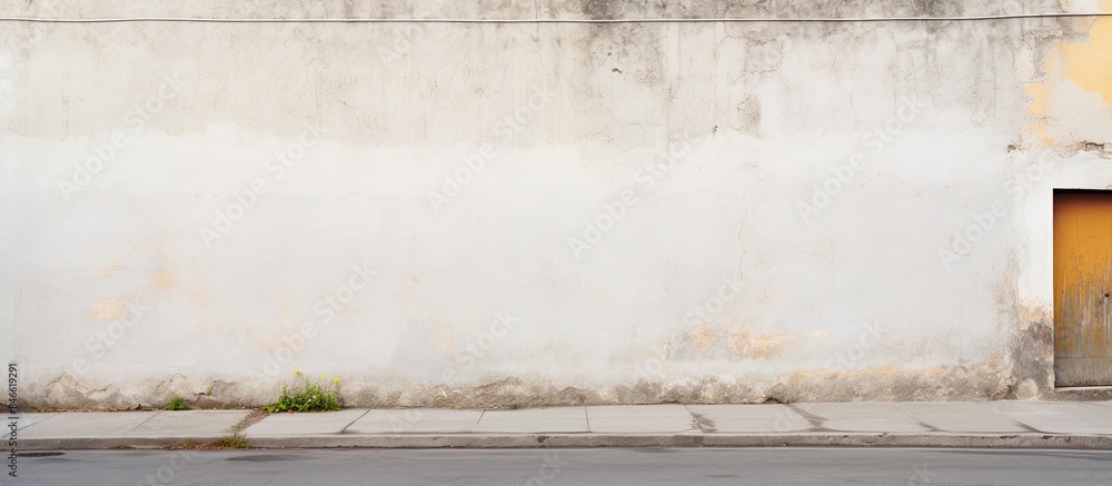 Aufkleber white building behind a weathered surrounding wall, with a sidewalk and asphalt road in front, provi