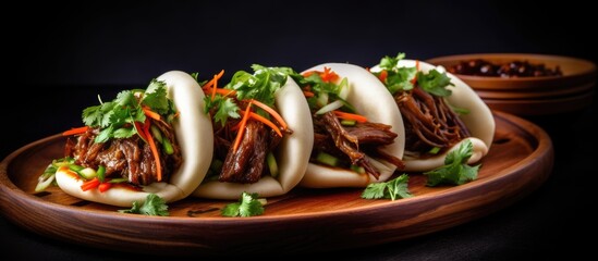 Image of Homemade organic Pulled Beef Bao Buns or Gua Bao on bamboo tray against black background with copy space.