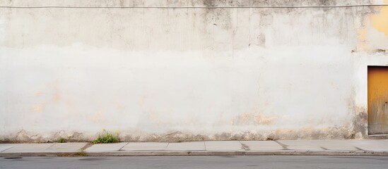 White building behind a weathered surrounding wall, with a sidewalk and asphalt road in front, providing a background for a copy space image.