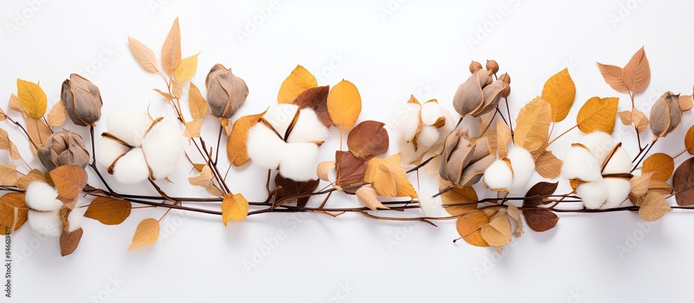 Poster Autumn-themed arrangement featuring eucalyptus branches, cotton flowers, and dried leaves on a white backdrop. Emphasizing fall vibes with a flat lay and top view, ideal for a copy space image.