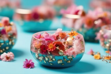 colorful flower arrangements on a light blue background