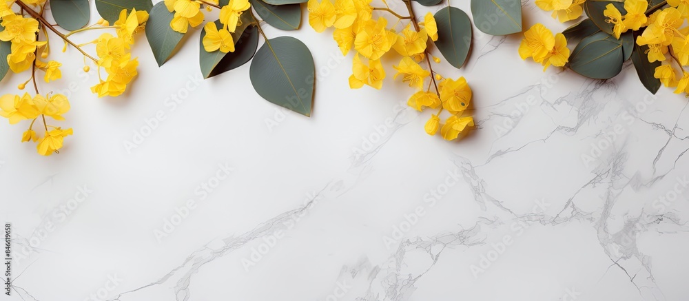 Poster yellow flowers and eucalyptus leaves arranged on a marble background in a flat lay top view, providi